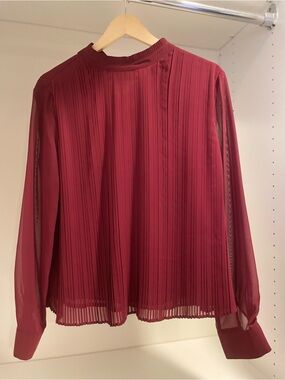 Pleated Chiffon Long-Sleeve Blouse - Wine